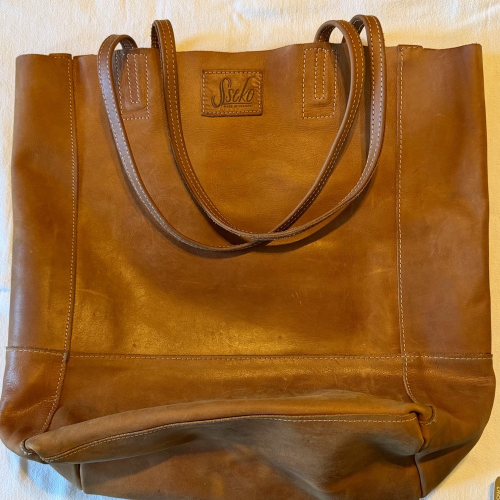 Sseko Cognac Leather Tote Interior with Branded Patch
